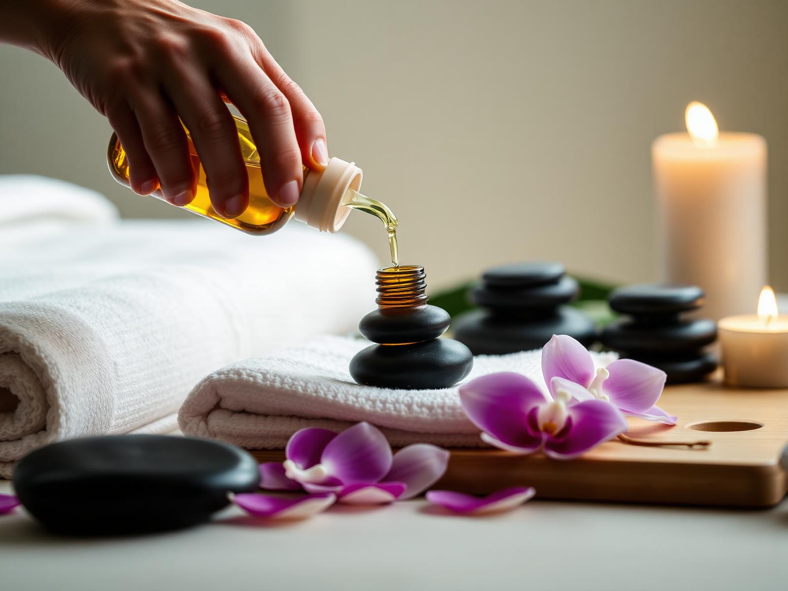 Aromatherapy massage oils and hot stones at Aadhya Spa